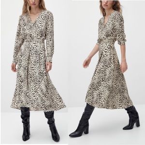 Massimo Dutti Leopard Print Long Wrap Dress in Cream & Black Size 8